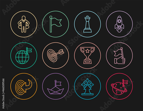 Set line Moon with flag, Hand holding, Chess, Target, Planet, Head hunting, Award cup and Flag icon. Vector