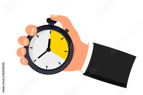 Hand holds a stopwatch. Time management concept. Countdown of stopwatch. Timer in hand vector illustration flat style. Deadline, punctuality, stop time on competition, start work, interval control photo