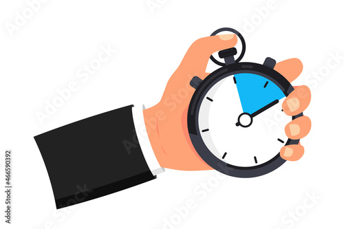 Hand holds a stopwatch. Time management concept. Countdown of stopwatch. Timer in hand vector illustration flat style. Deadline, punctuality, stop time on competition, start work, interval control