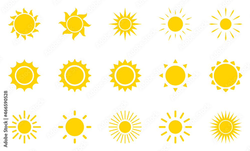 Set of sun icons. Yellow ray or burst of sun. Summer, sunlight, nature, sky. Collection of Yellow silhouette sun for use in as logo or weather icon. Vector illustration, flat design Set of sun icons. Yellow ray or burst of sun. Summer, sunlight, nature, sky. Collection of Yellow silhouette sun for use in as logo or weather icon. Vector illustration, flat design