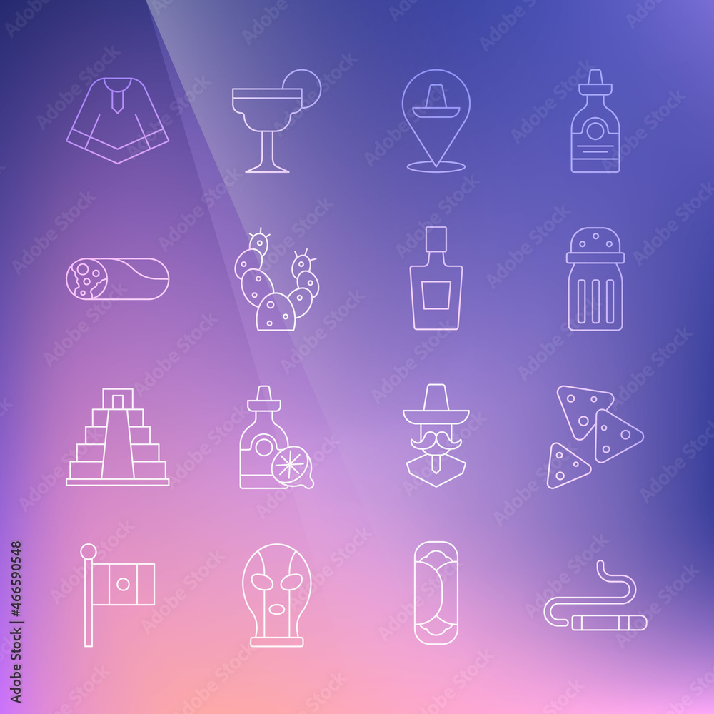 Set line Cigar, Nachos, Salt, Mexican sombrero, Cactus, Burrito, Poncho and Tequila bottle icon. Vector Set line Cigar, Nachos, Salt, Mexican sombrero, Cactus, Burrito, Poncho and Tequila bottle icon. Vector