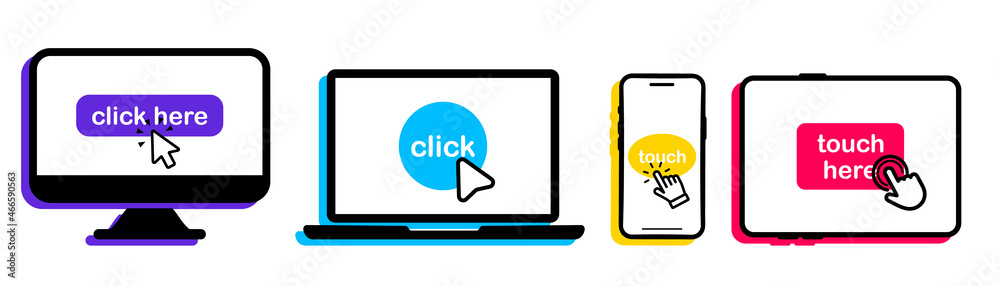 Set of smartphone, laptop, computer, tablet icons with click here button. Click on the devices. Device icons with click cursor. Touch here for link to websites. Arrow with touch button. Touch, click Set of smartphone, laptop, computer, tablet icons with click here button. Click on the devices. Device icons with click cursor. Touch here for link to websites. Arrow with touch button. Touch, click
