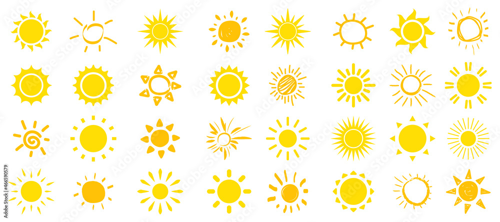 Set of sun icons. Hand drawn sun collection. Summer, sunlight, nature, light rays, sky. Yellow rays or burst of sun for use in as logo or weather icon. Vector illustration, flat design Set of sun icons. Hand drawn sun collection. Summer, sunlight, nature, light rays, sky. Yellow rays or burst of sun for use in as logo or weather icon. Vector illustration, flat design