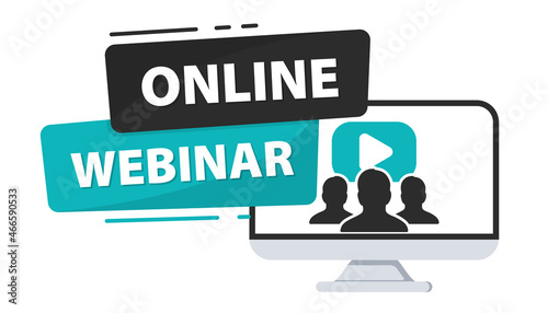 Online webinar. Live Webinar Button on laptop. Video conference. Training concept, online course, distance education. Digital communication streaming. Distance communication. Team meeting, Remote work