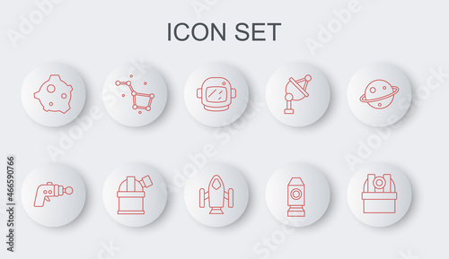 Set line Astronomical observatory, Ray gun, Astronaut helmet, Rocket ship, Asteroid, Great Bear constellation, and icon. Vector