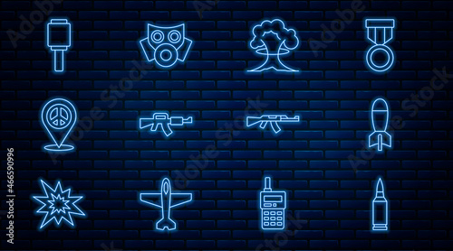 Set line Bullet, Rocket launcher, Nuclear explosion, M16A1 rifle, Location peace, Anti-tank hand grenade, Submachine gun and Gas mask icon. Vector