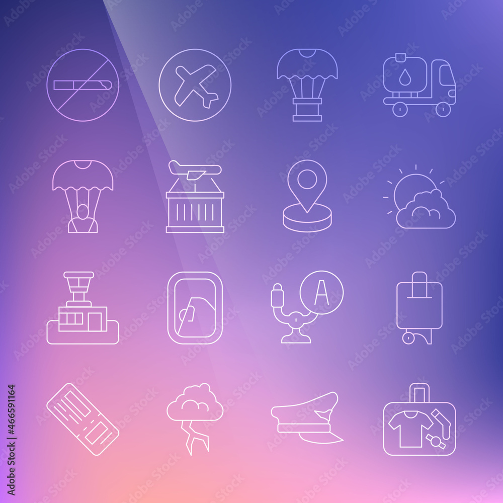 Set line Suitcase, Sun and cloud weather, Box flying on parachute, Plane, Parachute, No Smoking and Location icon. Vector Set line Suitcase, Sun and cloud weather, Box flying on parachute, Plane, Parachute, No Smoking and Location icon. Vector