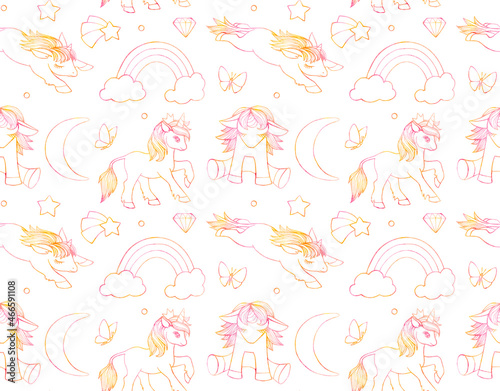 Seamless background with cute unicorns, stars, rainbow and clouds