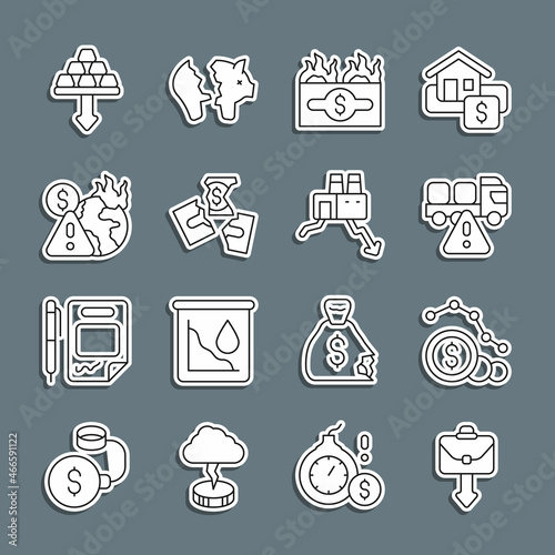 Set line Briefcase, Dollar rate decrease, Stop delivery cargo truck, Burning dollar bill, Tearing money banknote, Global economic crisis, Gold bars and Shutdown of factory icon. Vector