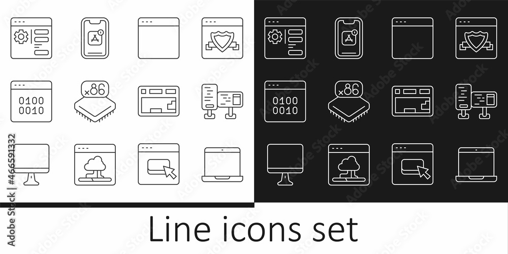 Set line Laptop, Computer monitor screen, Browser window, Processor with microcircuits CPU, Binary code, setting, Keyboard and Mobile Apps icon. Vector