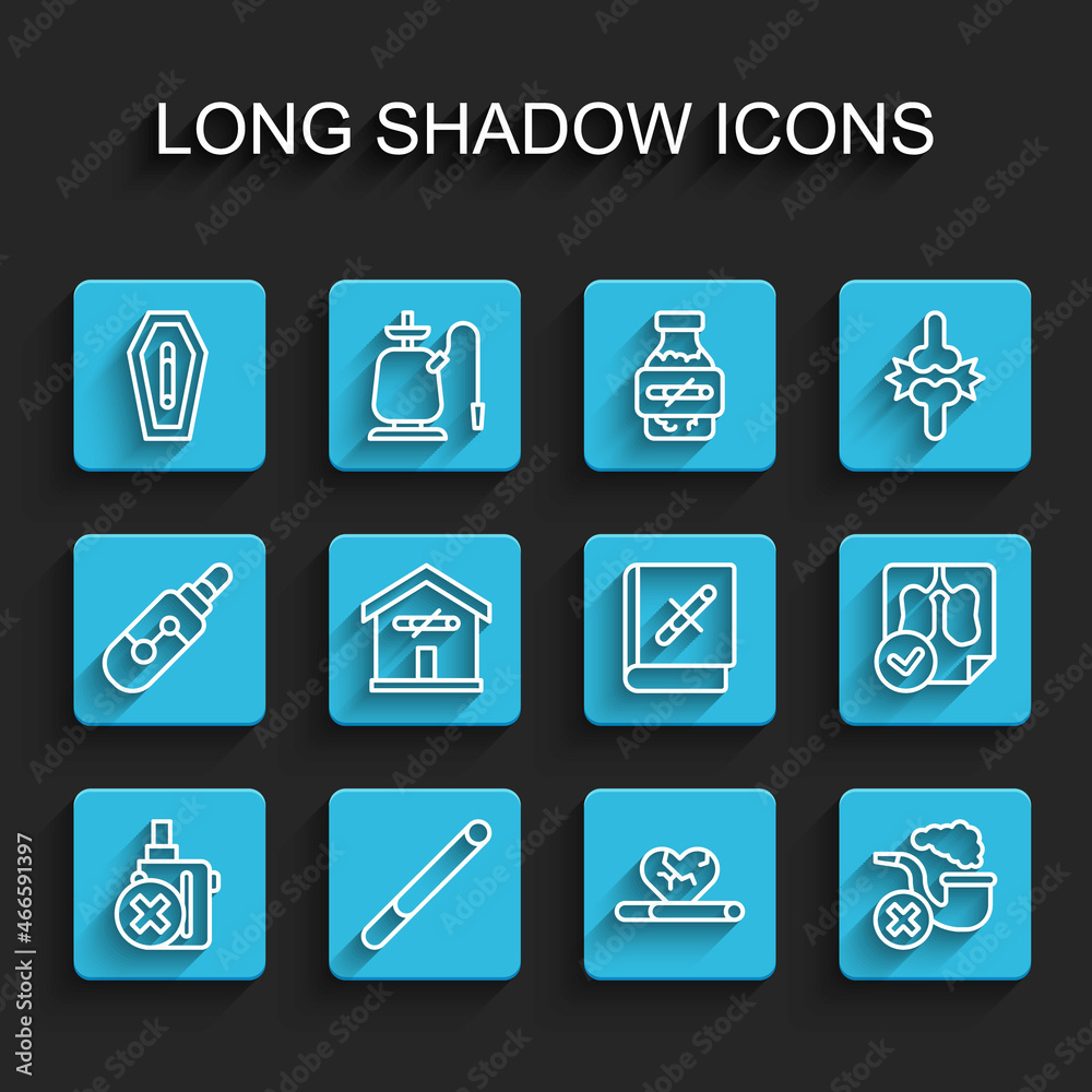 Set line No electronic cigarette, Cigarette, Death from smoking, Heart disease with, Smoking pipe smoke, home, Lungs x-ray diagnostics and Book stop icon. Vector Set line No electronic cigarette, Cigarette, Death from smoking, Heart disease with, Smoking pipe smoke, home, Lungs x-ray diagnostics and Book stop icon. Vector