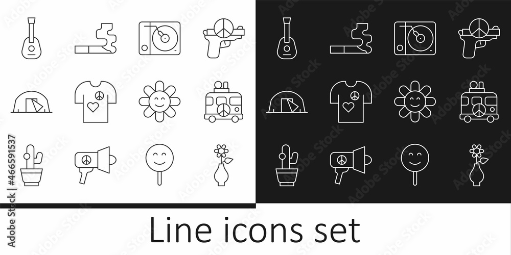 Set line Flower in vase, Hippie camper van, Vinyl player, Peace t-shirt print stamp, Tourist tent, Guitar, and Cigarette icon. Vector Set line Flower in vase, Hippie camper van, Vinyl player, Peace t-shirt print stamp, Tourist tent, Guitar, and Cigarette icon. Vector