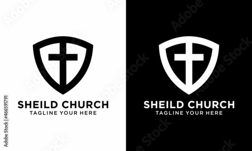Christian Cross And Shield Of Faith Christian Church Icon Vector template on a black and white background.