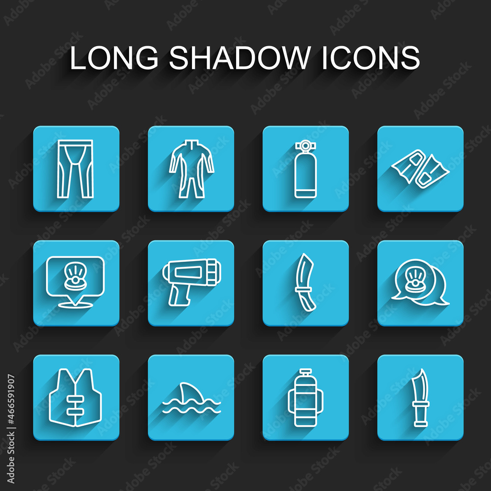 Set line Life jacket, Shark, Wetsuit for scuba diving, Aqualung, Diving knife, Flashlight diver, Scallop sea shell and icon. Vector Set line Life jacket, Shark, Wetsuit for scuba diving, Aqualung, Diving knife, Flashlight diver, Scallop sea shell and icon. Vector