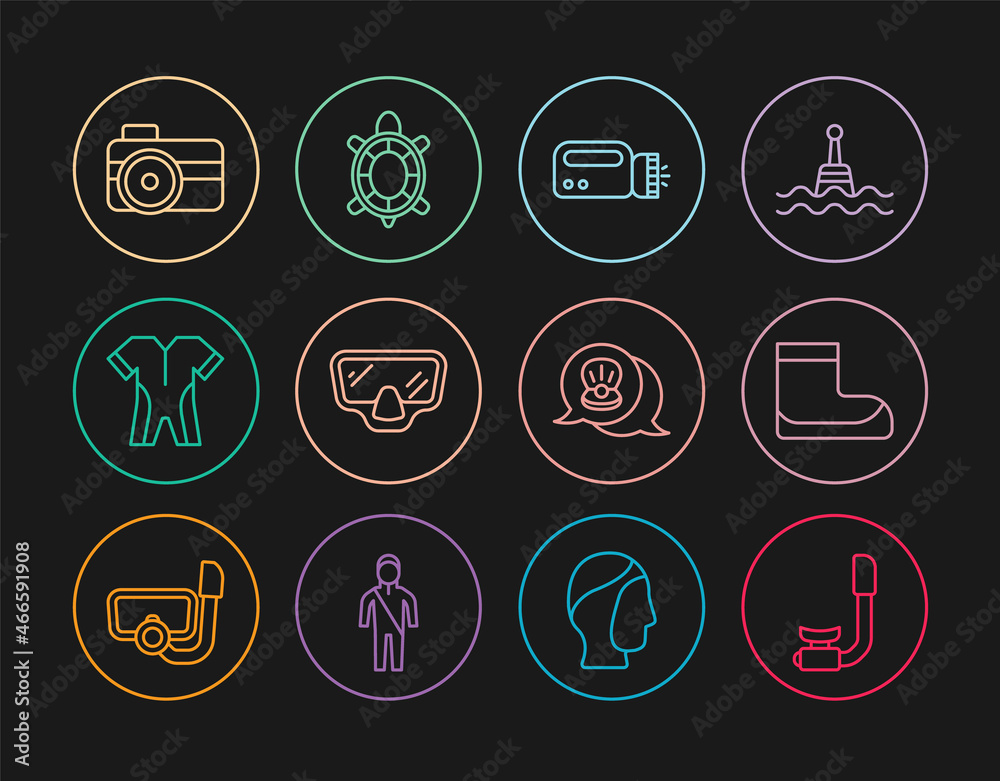Set line Snorkel, Boots, Flashlight for diver, Diving mask, Wetsuit scuba diving, Photo camera, Scallop sea shell and Turtle icon. Vector Set line Snorkel, Boots, Flashlight for diver, Diving mask, Wetsuit scuba diving, Photo camera, Scallop sea shell and Turtle icon. Vector