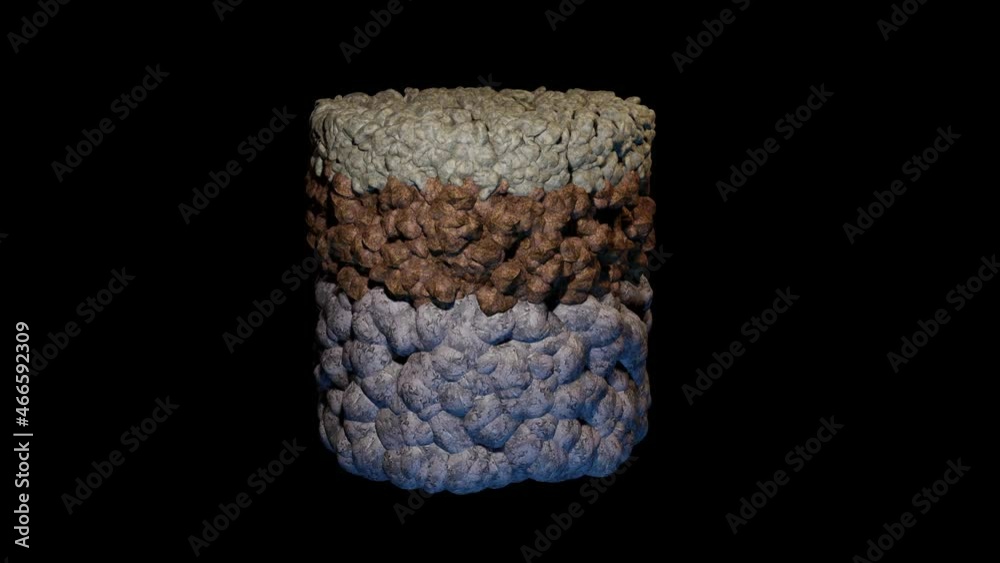 Sedimentation of heavy , light rock particles. Different rocks with different weights forming layers.  Layered gravel , rocks , sand grains  .  Geological layers . Soil core sample . 3d animation