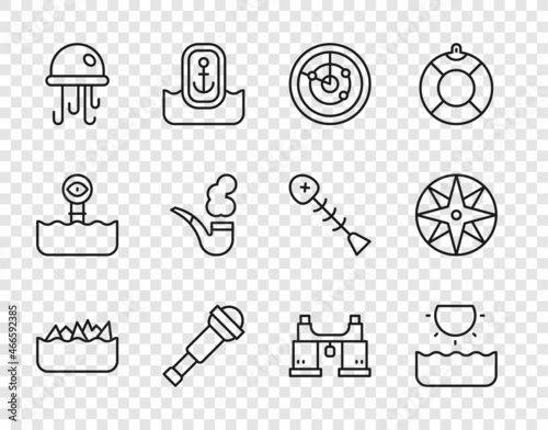 Set line Sharp stone reefs, Sun, Radar with targets, Spyglass telescope lens, Jellyfish, Smoking pipe, Binoculars and Wind rose icon. Vector