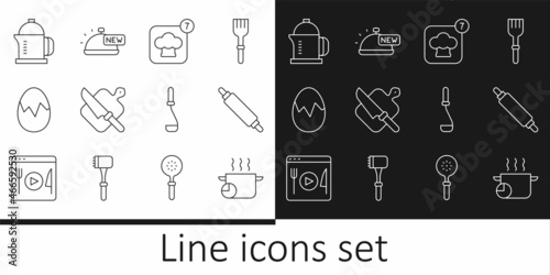 Set line Cooking pot, Rolling pin, Chef hat, Cutting board and knife, Broken egg, French press, Kitchen ladle and Covered with tray of food icon. Vector