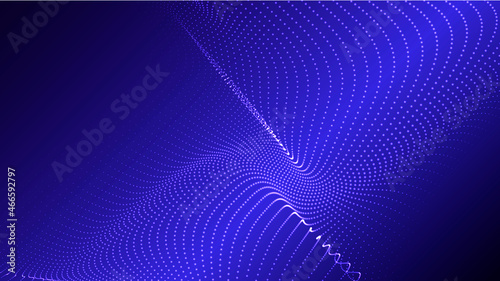Wave of flowing particles on a dark background. Abstract backdrop with dynamic elements of waves and dots. Vector