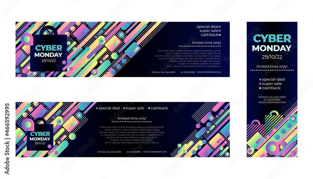 Cyber monday flyer horizontal set, great design for any purposes. Vector abstract background. Vector clearance. Shopping day sale. Poster template Cyber monday flyer horizontal set, great design for any purposes. Vector abstract background. Vector clearance. Shopping day sale. Poster template