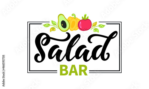 Salad bar logotype with handwritten text. Modern brush calligraphy, hand lettering. Vector illustration with vegetables emblem (avocado, pepper and tomato) for card, emblem, logo, icon template