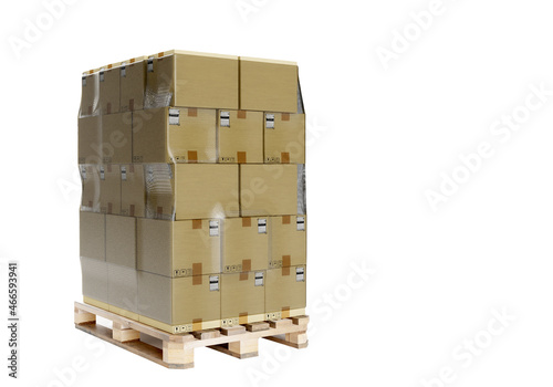 Pallet with boxes on white background. Pallet symbolizes preparation of business cargo for delivery. Cargo logistics in business. Cardboard boxes are wrapped in transparent foil. 3d rendering. © Grispb