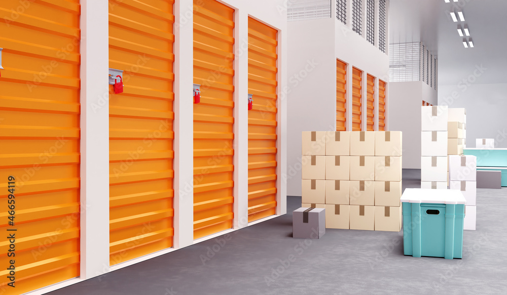 storage room. Orange gate in storage space. Loading boxes in storage space. Boxes in corridors of warehouse. Warehouse company premises from inside. Renting personal warehouse. 3d rendering.
