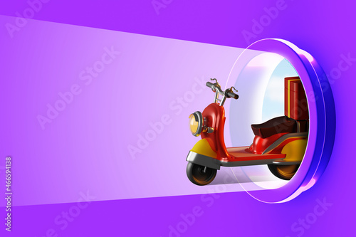 Scooter on purple background. Red scooter drives out. Scooter with delivery box. It symbolizes delivery service. Red motoroller in vintage style. Implementation of orders for delivery. 3d rendering. photo