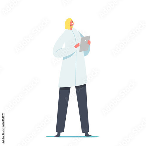 Female Doctor Podiatrist or Therapist Character in Medical Robe Hold Clipboard Stand in Clinic Chamber. Hospital Staff