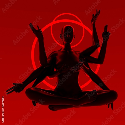 Chthonic goddess in a lotus pose with many hands and neon red aureole. 3D illustration. photo