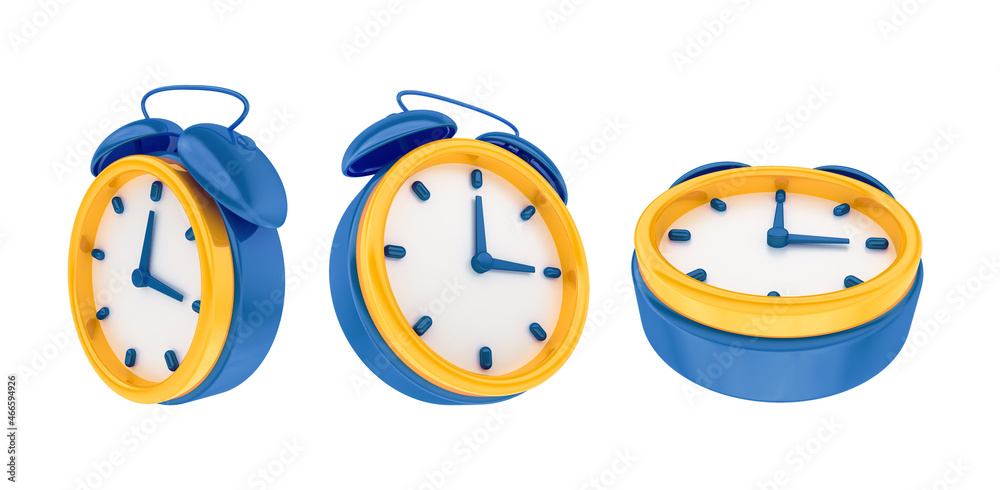 Antique clock in cartoon format isolated on white background in blue and yellow colors. 3d Illustration. Antique clock in cartoon format isolated on white background in blue and yellow colors. 3d Illustration.