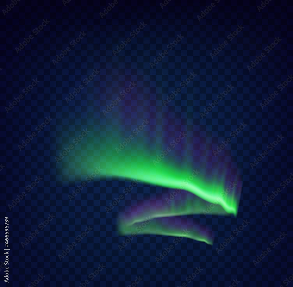 Green northern polar lights glow. Arctic aurora borealis, amazing glowing wavy illumination