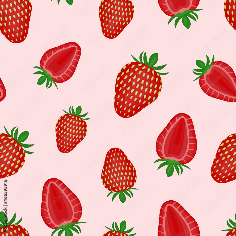 Strawberries whole and sliced on pink background vector seamless pattern Strawberries whole and sliced on pink background vector seamless pattern