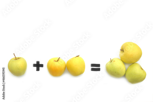 image of simple math addition operation for kids, math operation with white background made with apples