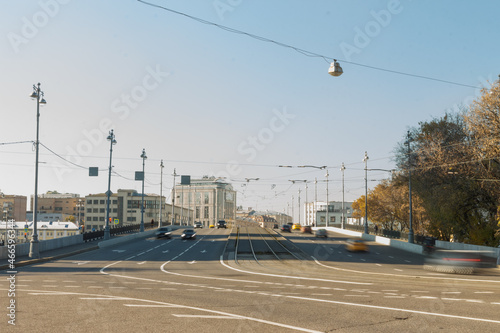 Photography Moscow, Russia, Oct 7, 2021: Traffic at Bolshoy Ustyinsky most