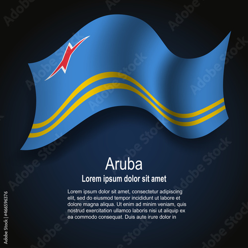 Flag of Aruba flying on dark background with text