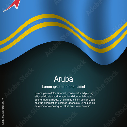 Flag of Aruba flying on dark background with text
