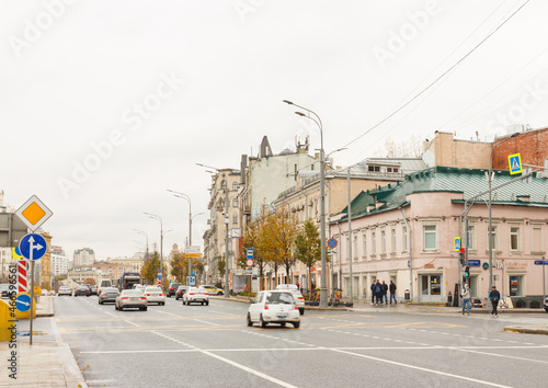 Moscow  Russia  Oct 15  2021  Traffic at Garden ring  Sadovaya-Karetnaya street . Crossing with Malaya Dmitrovka street 