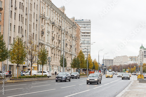 Moscow, Russia, Oct 15, 2021: Traffic at Garden ring (Sadovaya-Triumphalnaya street). Cloudy day in autumn