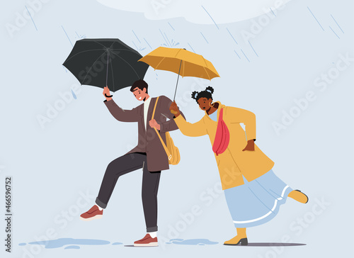 Cheerful Couple Man and Woman Walking in Rainy Autumn under Umbrellas. People Jumping over Puddles, Characters at Rain