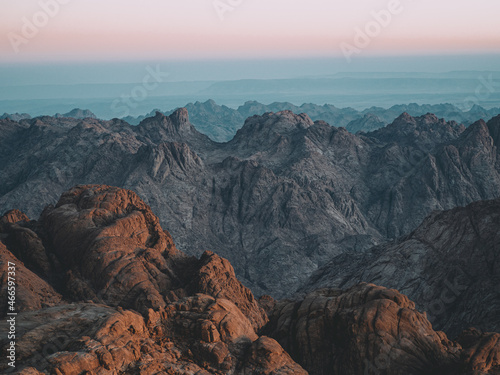 Sinai rocky mountains near Saint Catherine town, Egypt at scenic sunset photo