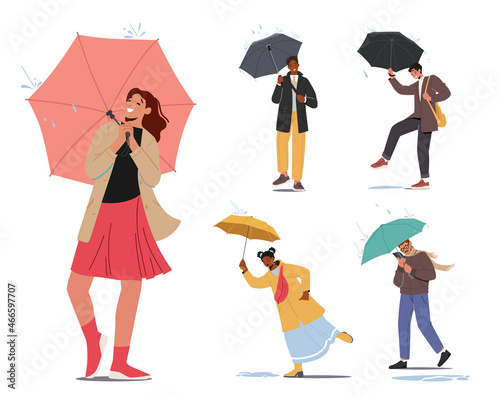 Set of Wet People at Rainy Autumn or Spring Weather Day. Happy Drenched Passerby Characters with Umbrellas Walking