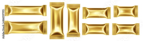 Set of realistic flow golden package for chocolate bar. Snack packing for cookies, biscuit, sweets