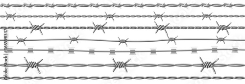 Steel barbwire set, wire with barbs. Realistic seamless metal chain for prison fence, security line
