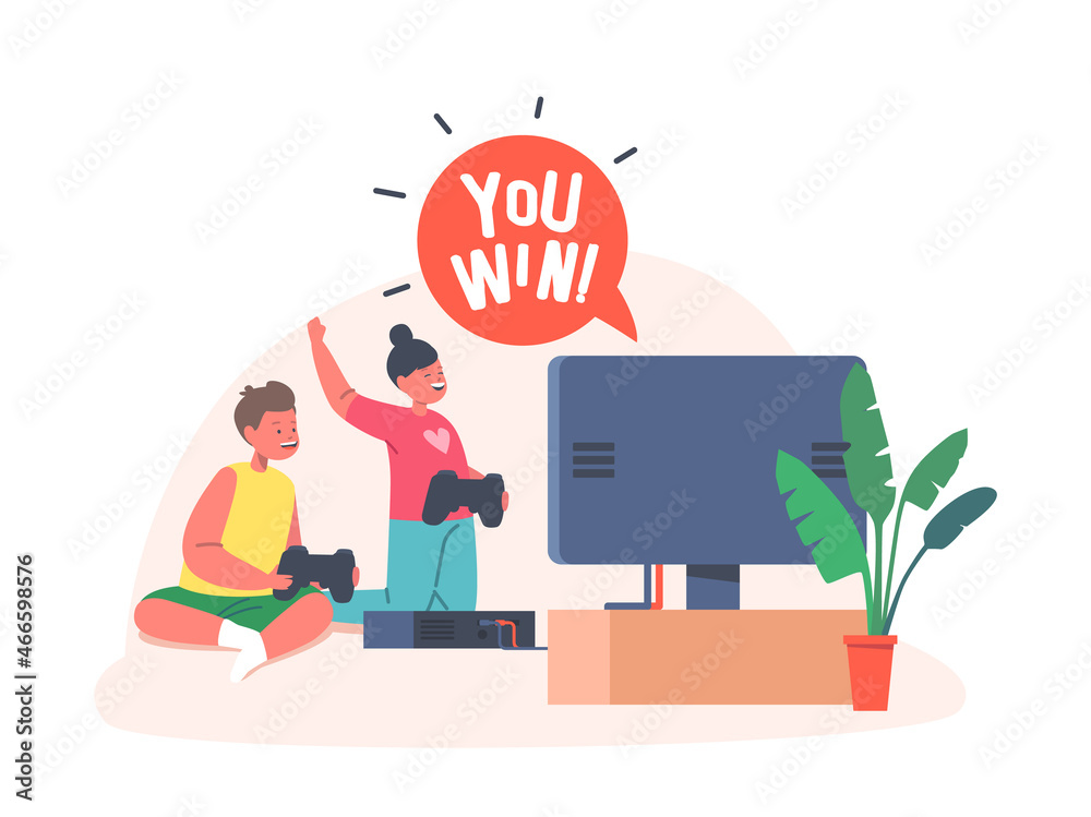Kids Virtual Reality Entertainment, Gaming Fun, Hobby. Little Boy and Girl Playing Video Games. Happy Children Fun