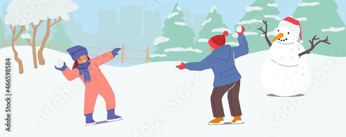 Winter Season Outdoors Leisure and Activities. Happy Little Children Boy and Girl Playing Snowballs on Street, Kids Fun