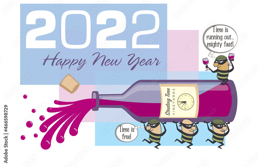 2022 happy new year concept of cartoon characters carrying bottle, celebrating with glass in hand