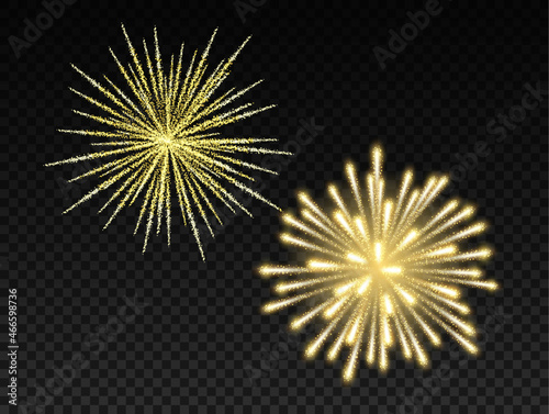 Golden fireworks, sparkles flashes over dark background for festive celebration, new year eve