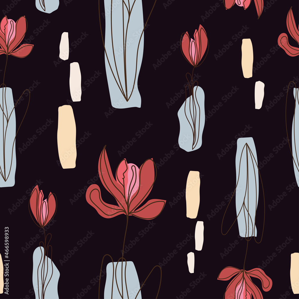 A pattern of abstract flowers with figures of indeterminate shape.For fabrics, for printing brochures, posters, parties, vintage textile design, postcards, packaging.