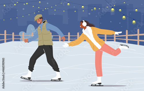 Happy Couple of Teenagers Skate at Night City Ice Rinks, Outdoor Activities at Winter Park. Family Christmas Holidays